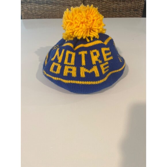 Vintage Notre Dame Knit Beanie Hat Blue & Yellow With Pom Pom - Picture 3 of 5